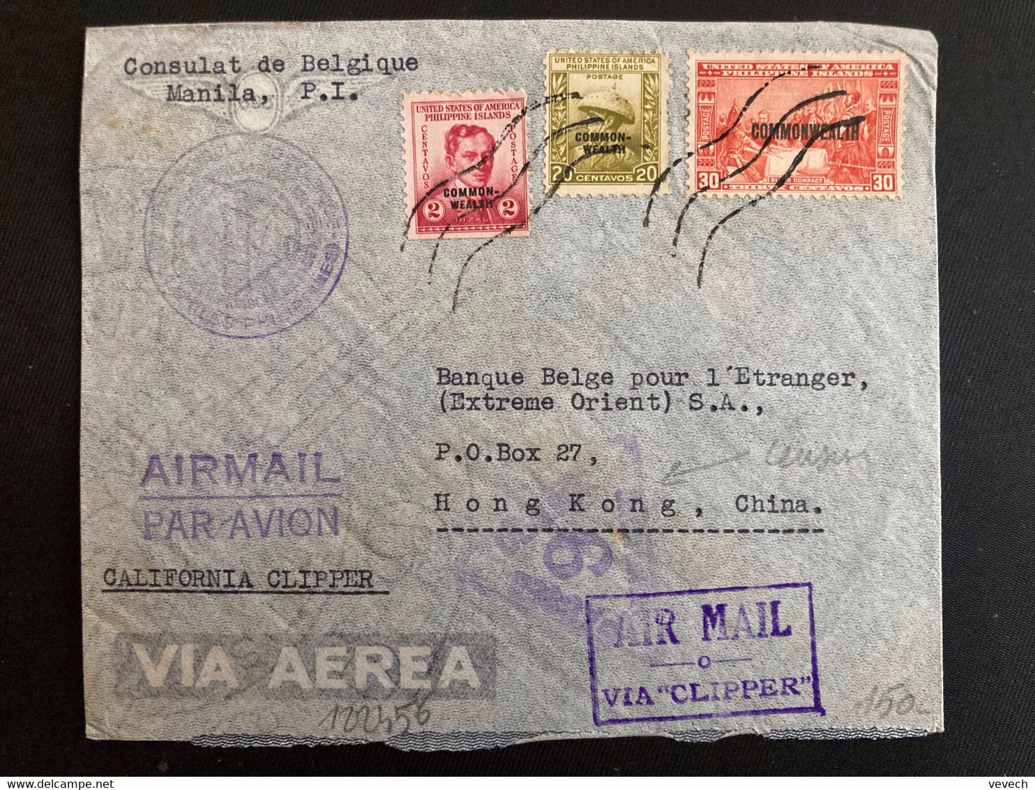 LETTRE Par Avion Via CALIFORNIA CLIPPER Pour HONG KONG CHINE TP 2 + 20 + 30 Surch. COMMONWEALTH OBL. +SEP 20 1940 MANILA - Philippines