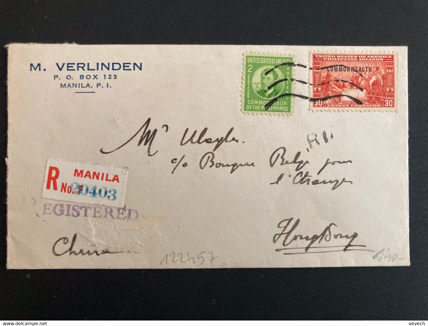 LR Pour HONG KONG CHINE TP 2c + TP 30 Surch. COMMONWEALTH OBL. + JUL 15 1941 REGISTERED + VERLINDEN MANILA - Philippinen