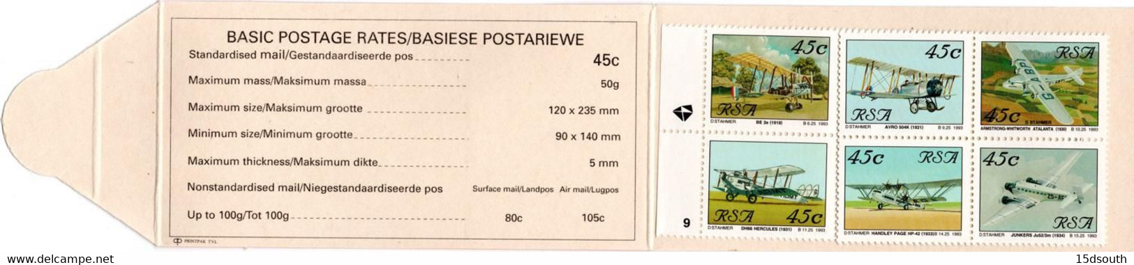 South Africa - 1993 Aviation Booklet Pane 9 (**) # SG SB24 - Booklets