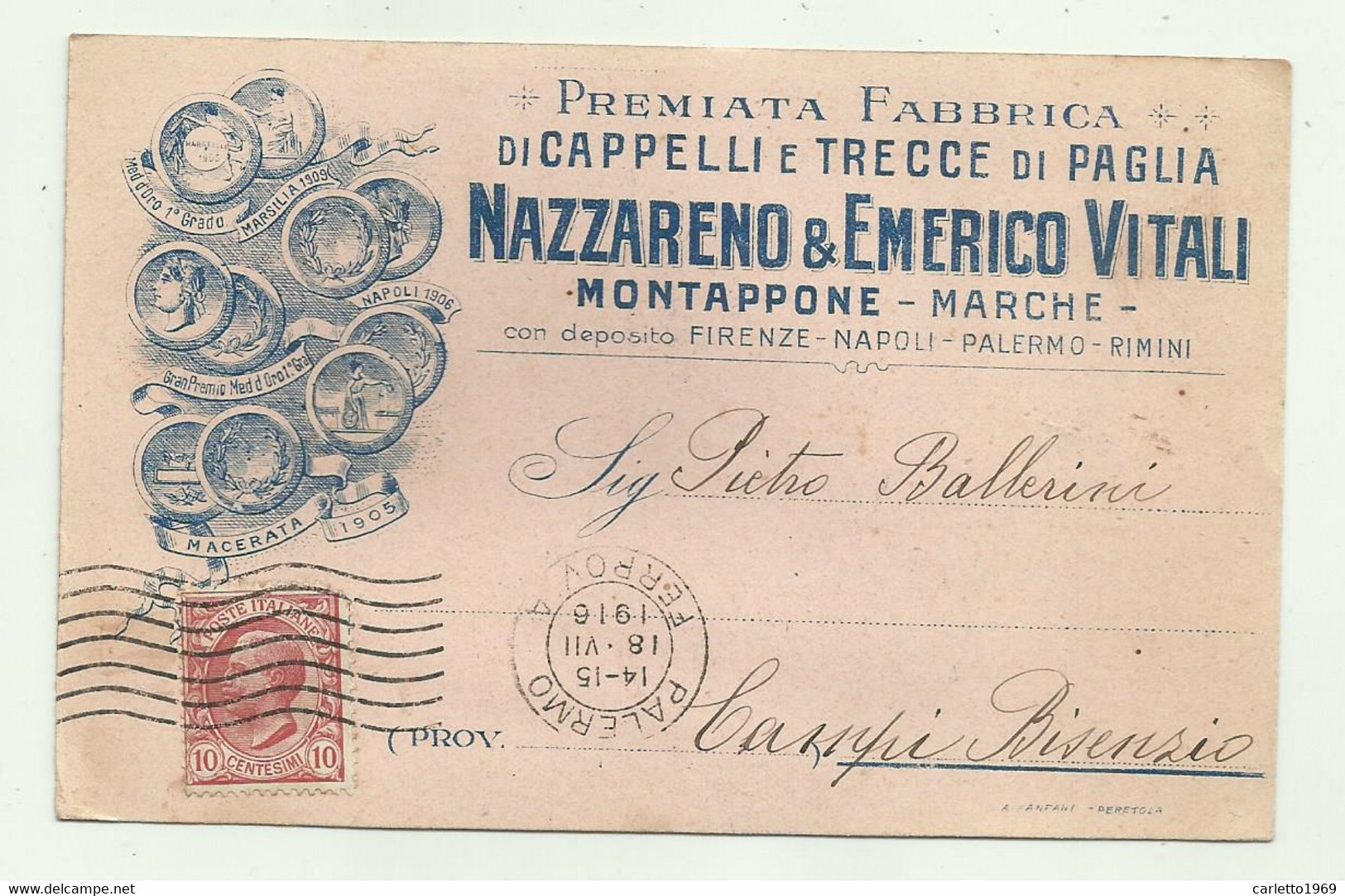 MONTAPPONE - FABBRICA DI CAPPELLI E TRECCE DI PAGLIA 1916 - VIAGGIATA FP - Fermo