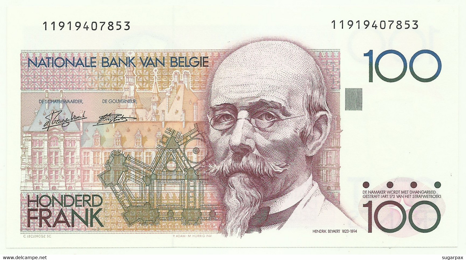 Belgium - 100 Francs - ND ( 1982 - 1994 ) - Pick 142 - Sign. 5 And 14 ( 1989 - 1992 ) - Hendrik Beyaert - 100 Francos