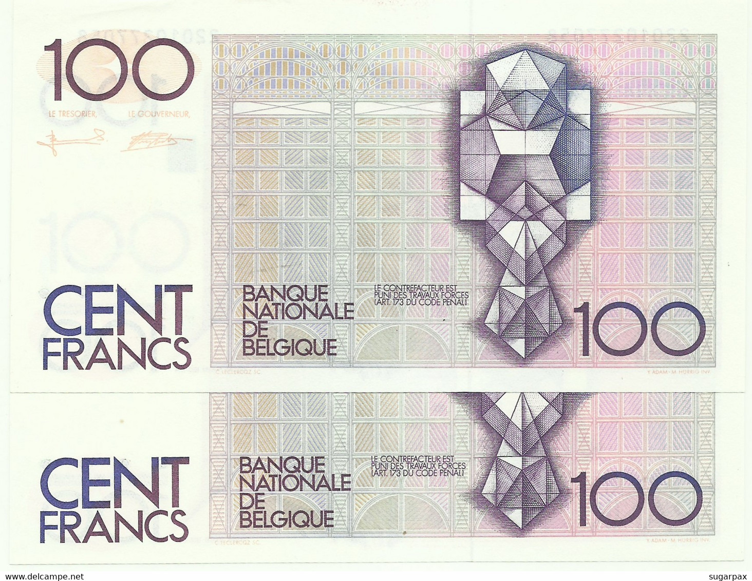 Belgium - 2 X 100 Francs Consecutive - Pick 142 - Sign. 5 And 15 ( 1992 - 1994 ) - Hendrik Beyaert - ND ( 1982 - 1994 ) - 100 Francs