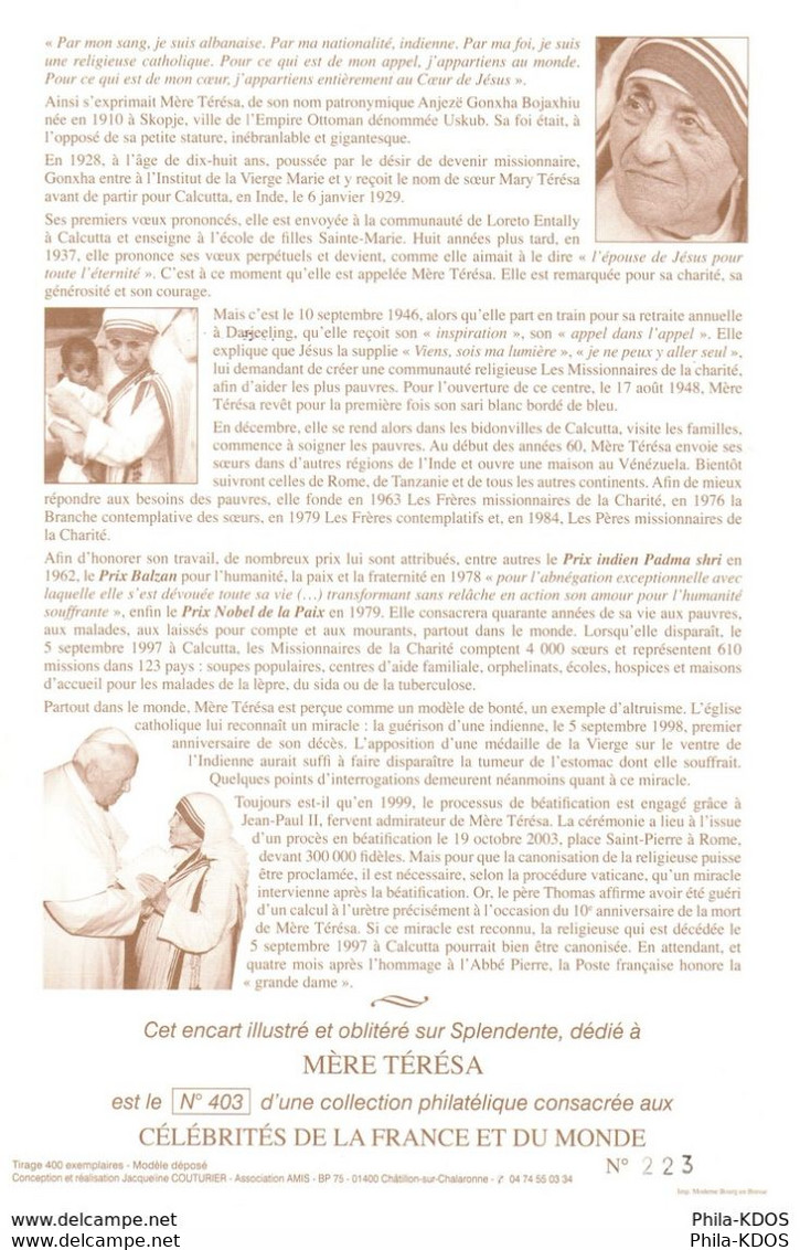 (400 Ex. Seulement !) " MERE TERESA " Sur Encart 1er Jour N°té En Soie De 2010 Edt° A.M.I.S. N° YT 4455 FDC à Saisir ! - Mother Teresa