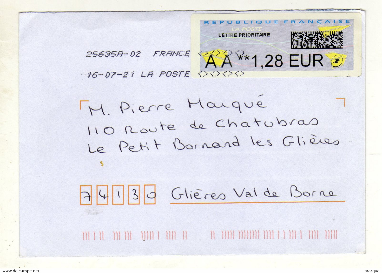 Enveloppe FRANCE Avec Vignette D' Affranchissement Lettre Prioritaire Oblitération LA POSTE 25635A-02 16/07/2021 - 2010-... Illustrated Franking Labels