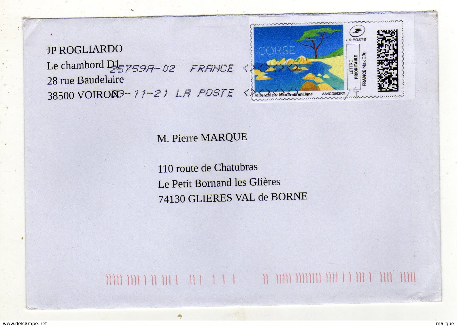 Enveloppe FRANCE Avec Vignette D' Affranchissement Lettre Prioritaire Oblitération LA POSTE 25759A-02 03/11/2021 - 2010-... Illustrated Franking Labels