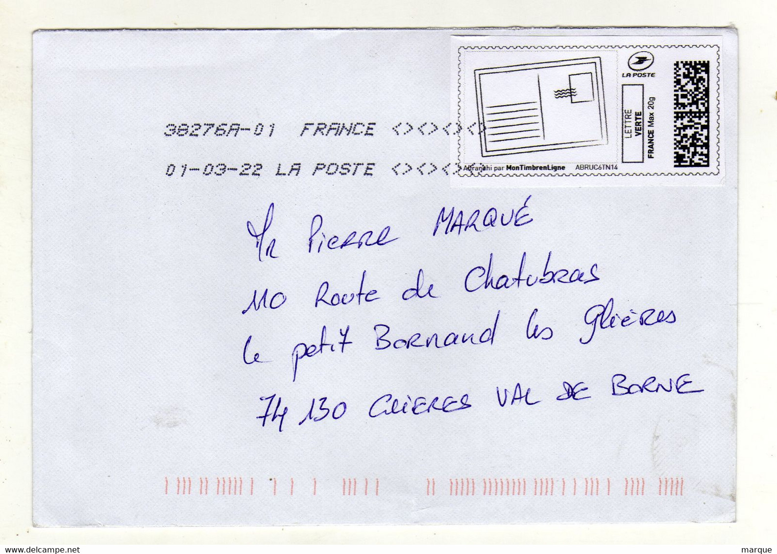 Enveloppe FRANCE Avec Vignette D' Affranchissement Lettre Verte Oblitération LA POSTE 38276A-01 01/03/2022 - 2010-... Vignette Illustrate