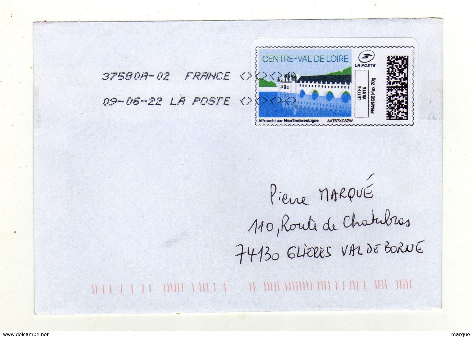 Enveloppe FRANCE Avec Vignette D' Affranchissement Lettre Verte Oblitération LA POSTE 37580A-02 09/06/2022 - 2010-... Viñetas De Franqueo Illustradas