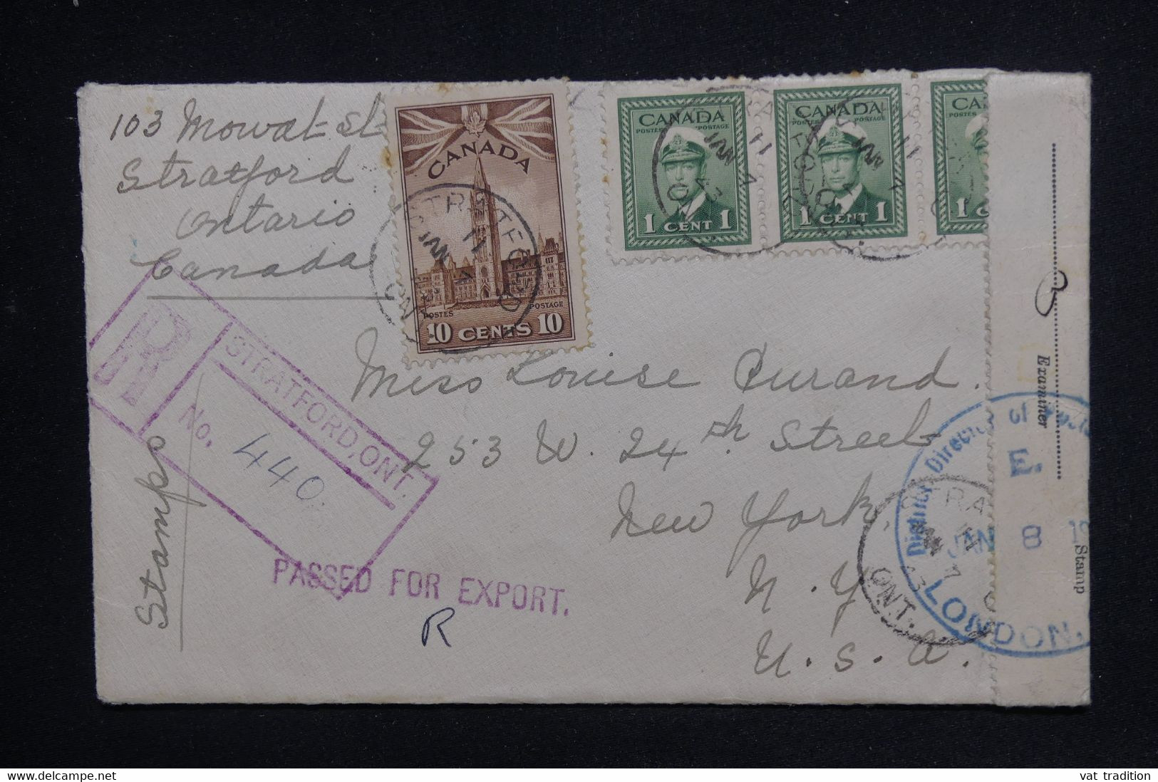 CANADA - Enveloppe En Recommandé De Stratford Pour New York En 1943 Avec Contrôle - L 124619 - Cartas & Documentos