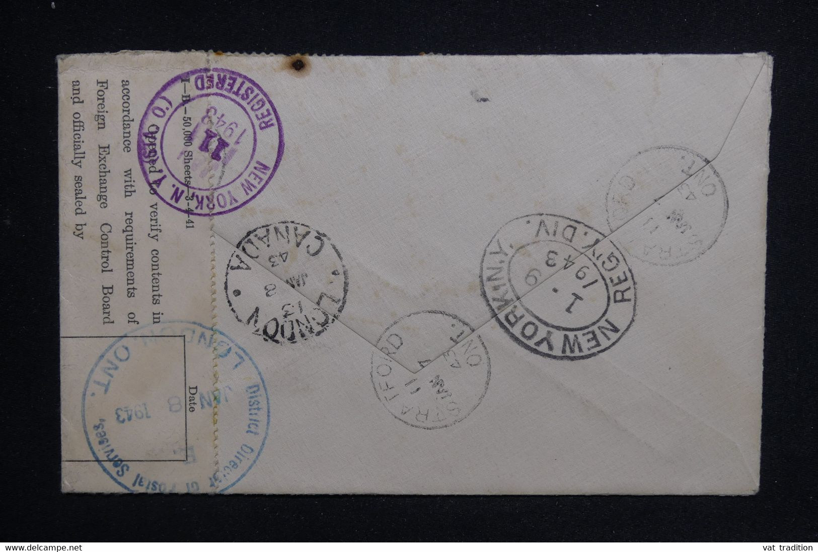 CANADA - Enveloppe En Recommandé De Stratford Pour New York En 1943 Avec Contrôle - L 124619 - Cartas & Documentos