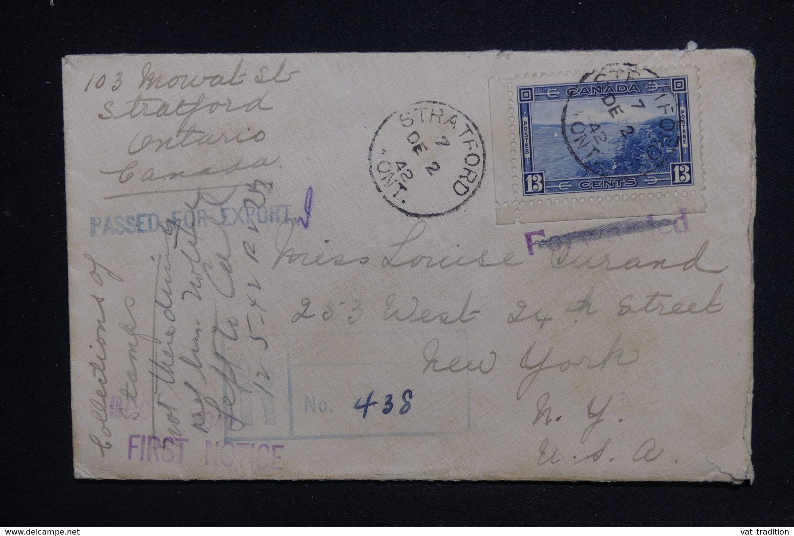 CANADA - Enveloppe En Recommandé De Stratford Pour New York En 1942 Avec Contrôle - L 124620 - Brieven En Documenten