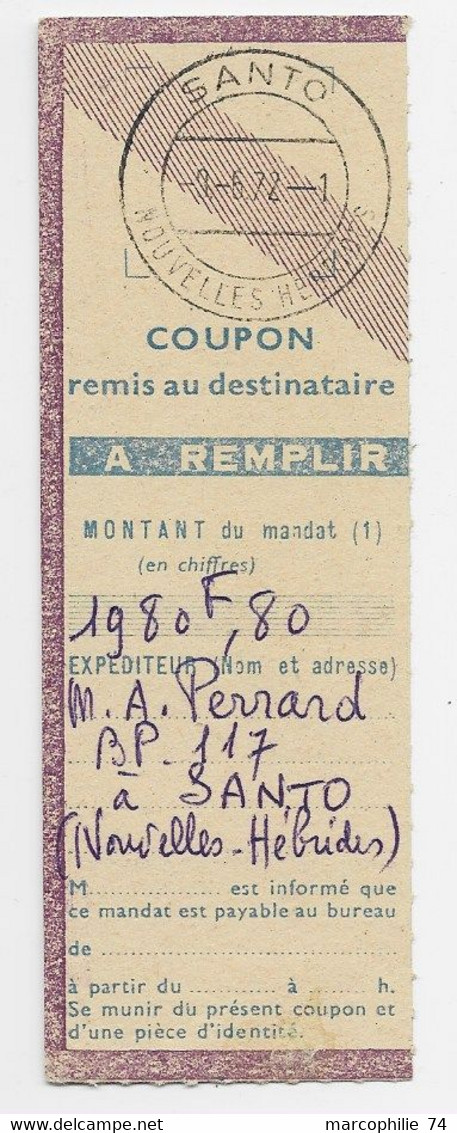 NOUVELLES HEBRIDES SANTO 9.6.1972 COUPON  DE MANDAT POUR LA MANCHE - Covers & Documents