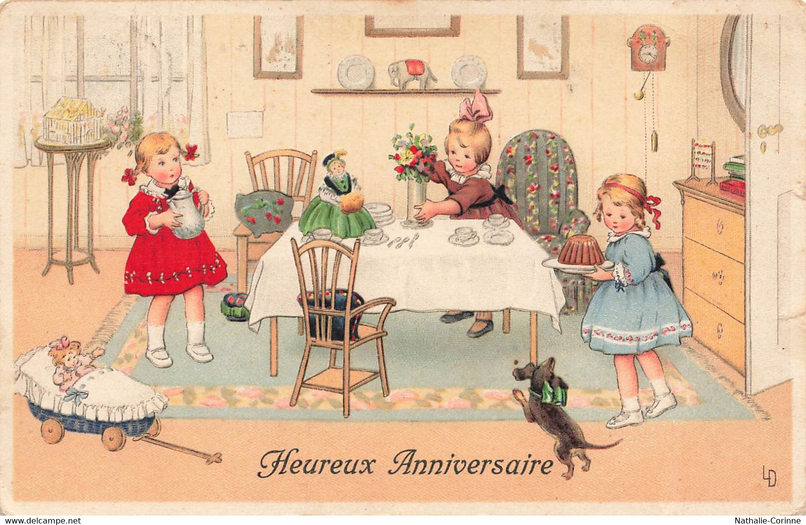 Heureux Anniversaire - Dessin D'enfants, Fillette, Gâteau, Préparation, Poupée, Teckel - 1926 - Geburtstag