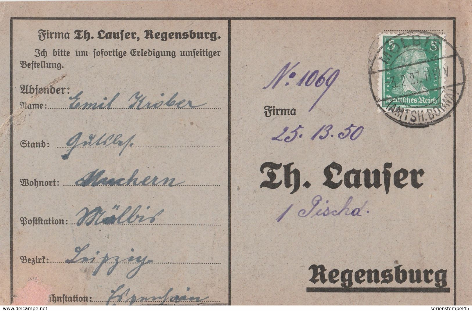 Deutsches Reich Karte Mit Tagesstempel Mölbis 1927 Amtsh. Borna Stadt Rötha LK Leipzig - Briefe U. Dokumente