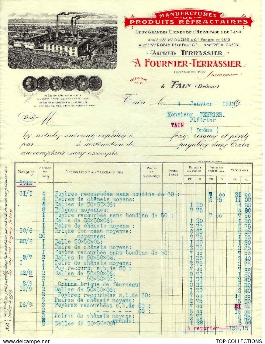 1913 ENTETE MANUFATURE DE PRODUITS REFRACTAIRES A. FOURNIER TERRASSIER à Tain Drôme Pour Terrier Même Ville B.E.V.SCANS - 1900 – 1949