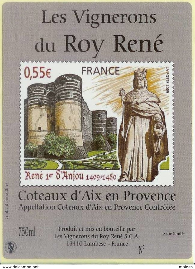 Étiquette De Vin Coteaux D'Aix En Provence Visuel Du Timbre Sur Le Roi René YT 4326 - Timbre-postes