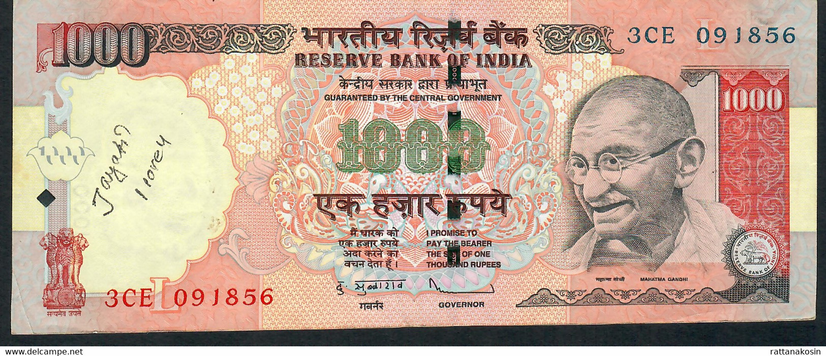 INDIA P100g2  1000 RUPEES 2010 Signature 20  LETTER L   #3CE   FINE  NO P.h. - Inde