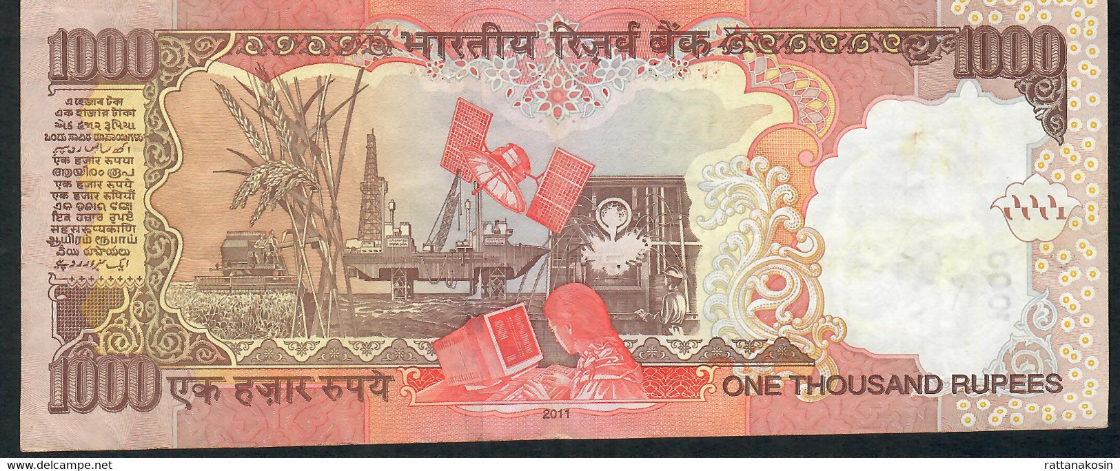 INDIA P107a   1000 RUPEES 2011  Signature 20  LETTER R   #8CQ   FINE  NO P.h. - Inde