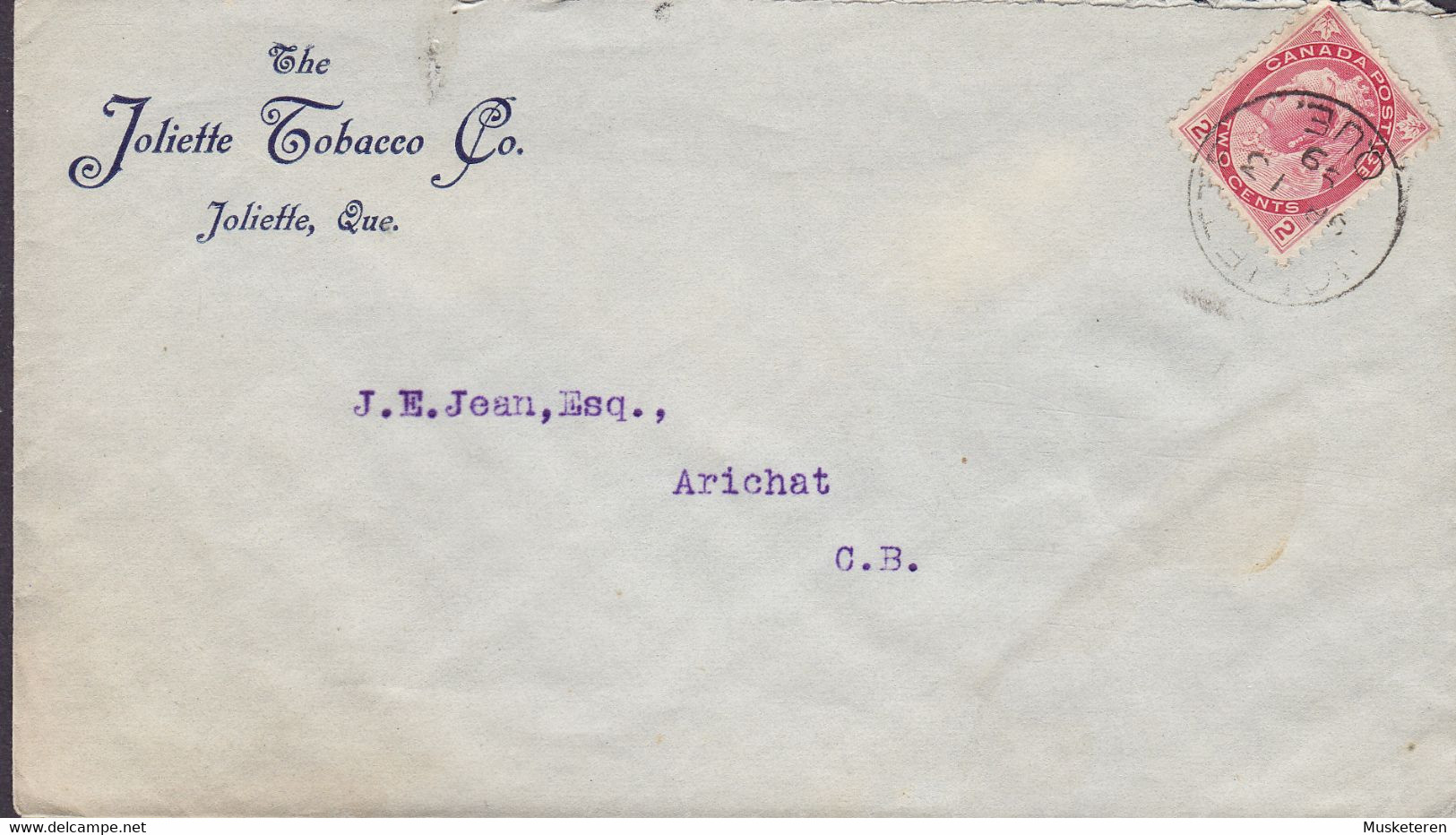 Canada THE JOLIETTE TOBACCO CO., JOLIETTE Que. 1899 Cover Lettre ARICHAT (Arr.) Nova Scotia Victoria Stamp - Briefe U. Dokumente