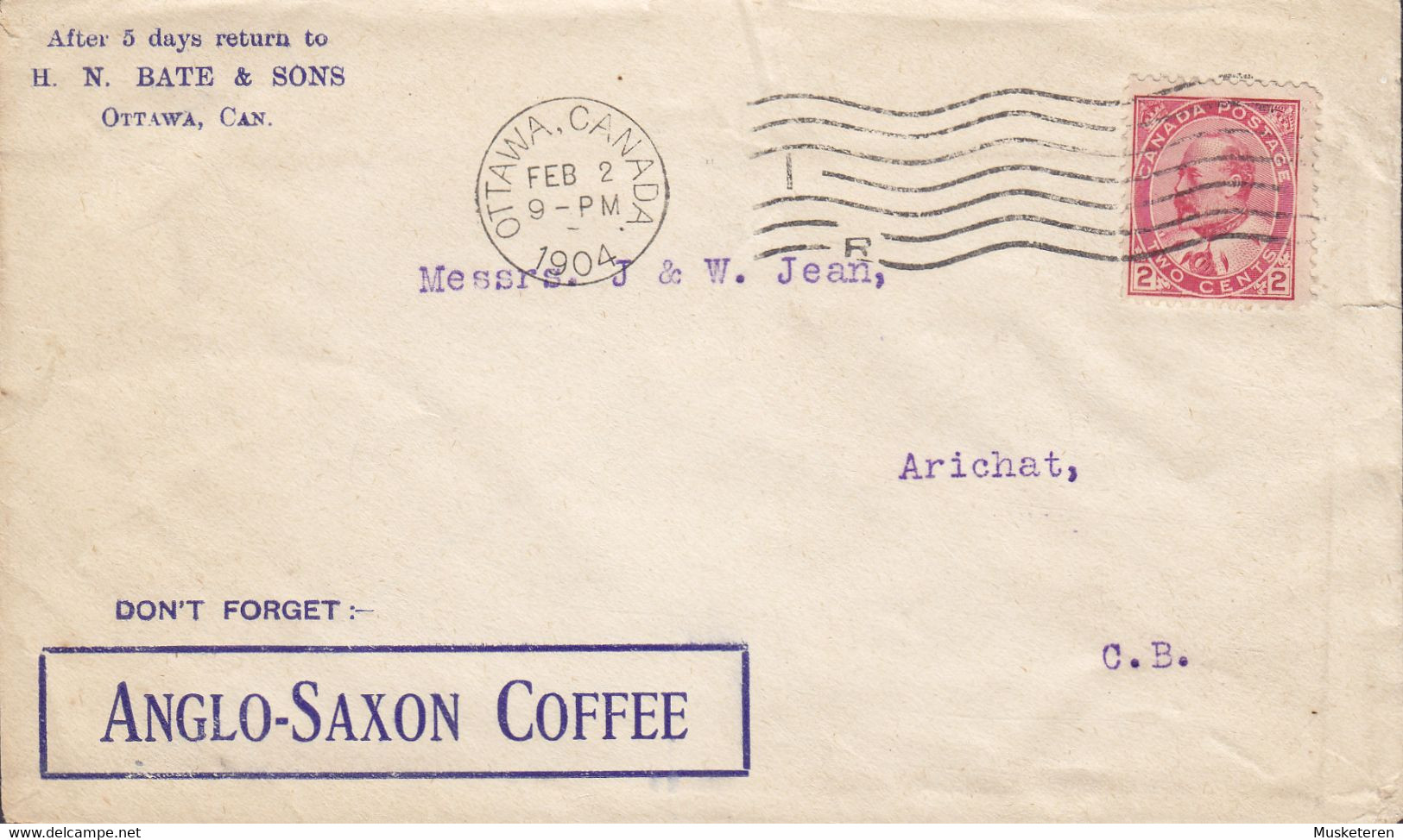 Canada H. N. BATE & SONS OTTAWA 1904 Cover Lettre ARICHAT (Arr.) Nova Scotia ANGLO-SAXON COFFEE Cachet Edward Stamp - Brieven En Documenten