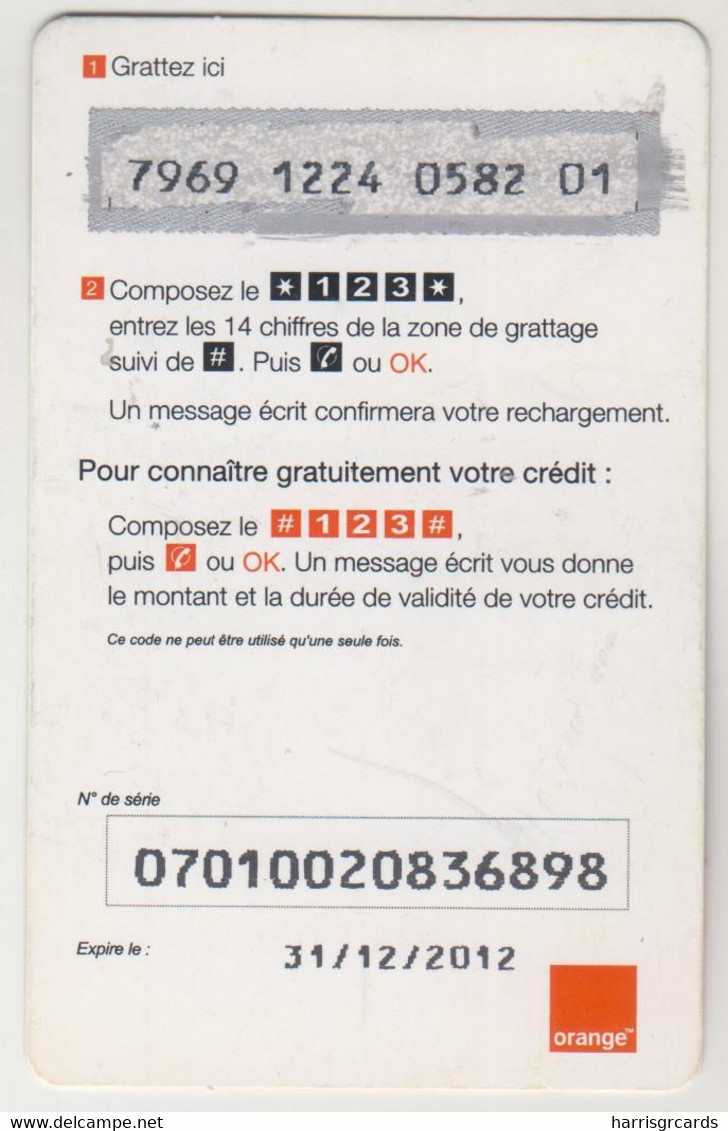 CENTRAL AFRICAN REPUBLIC - 1000F ORANGE Recharge, Expire Date 31/12/2012, 1000 Fcfa, Used - Centraal-Afrikaanse Republiek