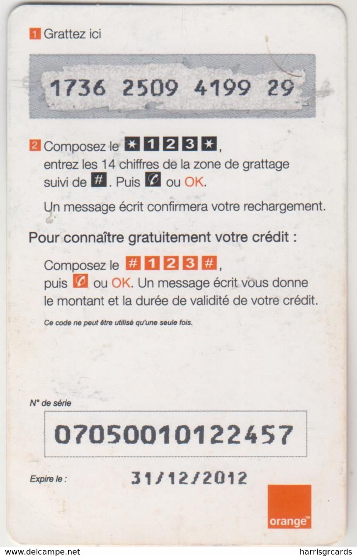 CENTRAL AFRICAN REPUBLIC - F ORANGE Recharge, Expire Date 31/12/2012, 5000+500 Fcfa, Used - Centraal-Afrikaanse Republiek