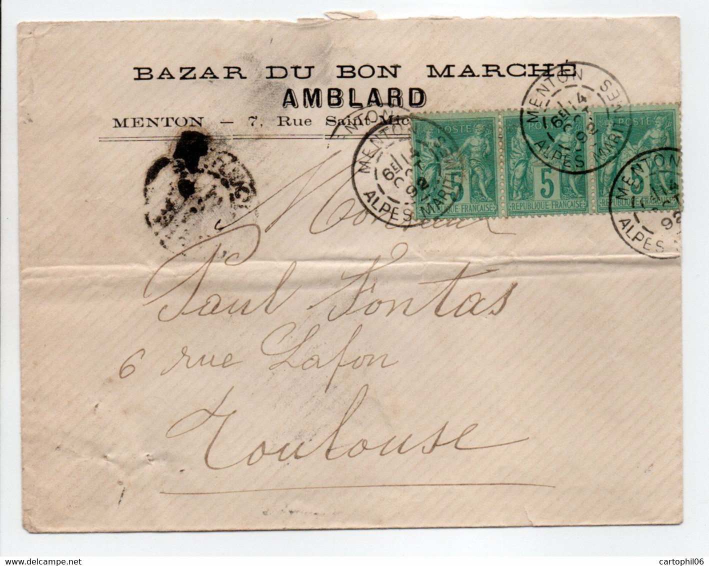 - Lettre BAZAR DU BON MARCHÉ AMBLARD, MENTON Pour TOULOUSE 4 OCT 1892 - Bande 3 X 5 C. Vert Type Sage - - 1877-1920: Semi Modern Period