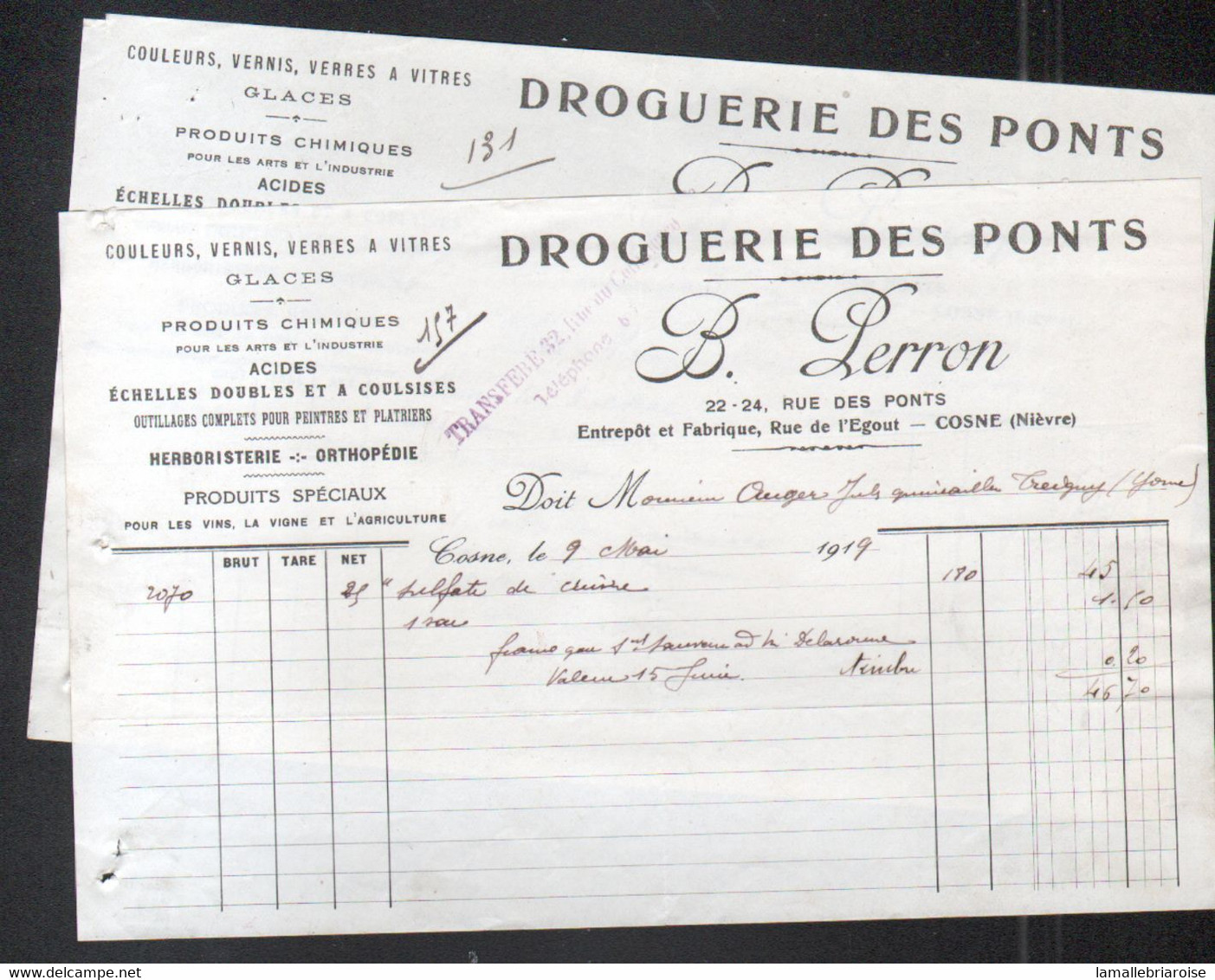 58, Nievre, 2 Factures Droguerie Des Ponts à Cosne - Droguerie & Parfumerie