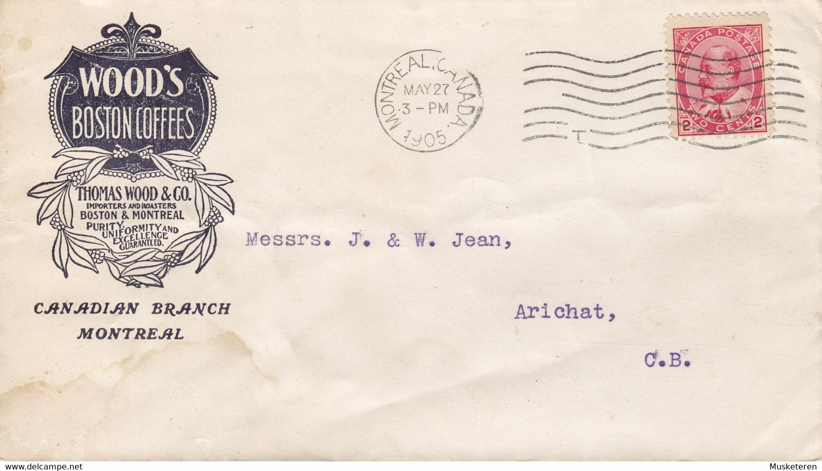 Canada THOMAS WOOD & Co. 'WOOD's BOSTON COFFEES' Cachet MONTREAL 1905 Cover Lettre ARICHAT (Arr.) Edward Stamp - Storia Postale