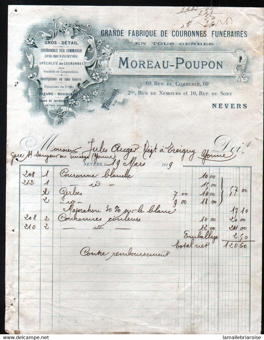 58, Nievre, Facture Moreau Poupon, Couronnes Funeraires à Nevers - Droguerie & Parfumerie