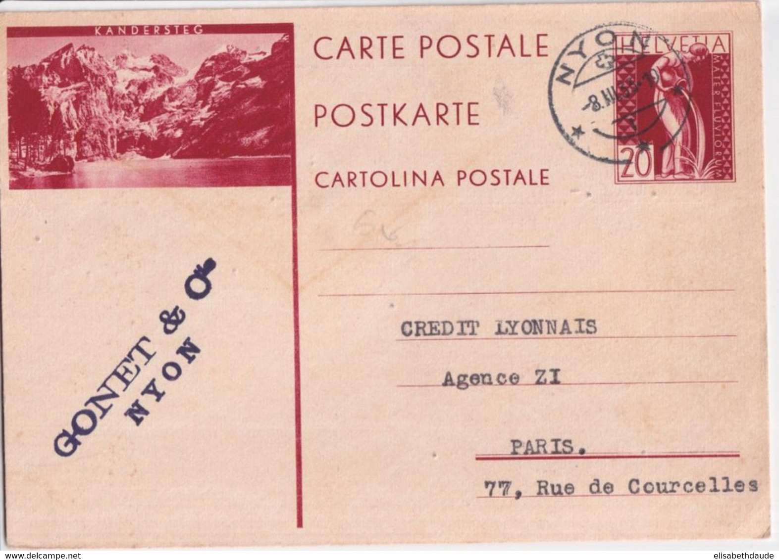 1933 - SUISSE - CARTE ENTIER COMMERCIALE ! ILLUSTREE BILDPOSTKARTE (KANDERSTEG) De NYON => PARIS - Entiers Postaux