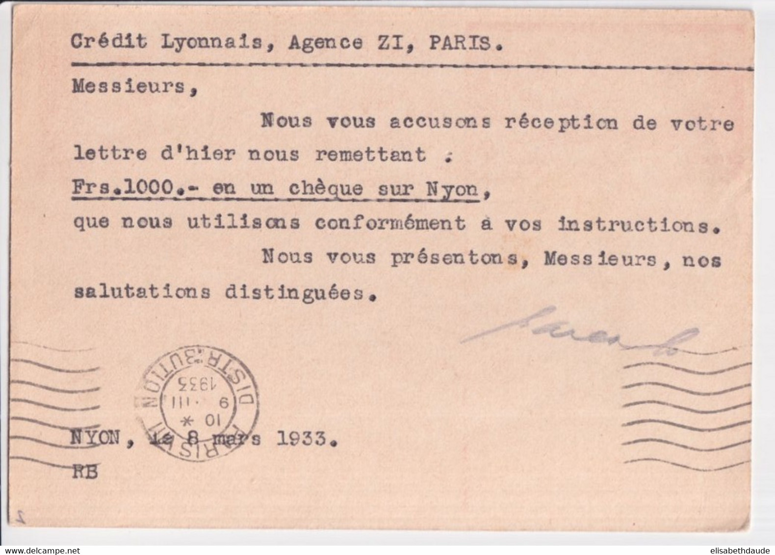 1933 - SUISSE - CARTE ENTIER COMMERCIALE ! ILLUSTREE BILDPOSTKARTE (KANDERSTEG) De NYON => PARIS - Interi Postali