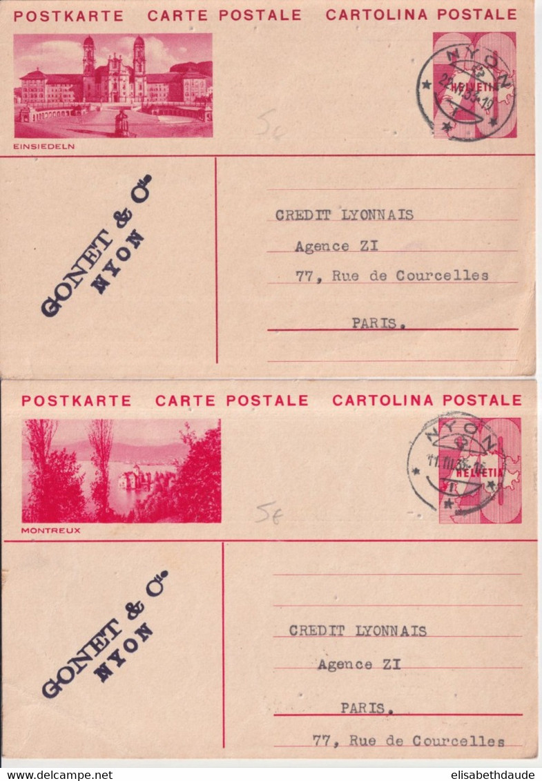 1933 - SUISSE - 2 CP ENTIER COMMERCIALES ! ILLUSTREES BILDPOSTKARTE (MONTREUX + EINSIEDELN) De NYON => PARIS - Interi Postali