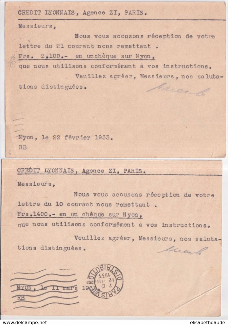 1933 - SUISSE - 2 CP ENTIER COMMERCIALES ! ILLUSTREES BILDPOSTKARTE (MONTREUX + EINSIEDELN) De NYON => PARIS - Entiers Postaux