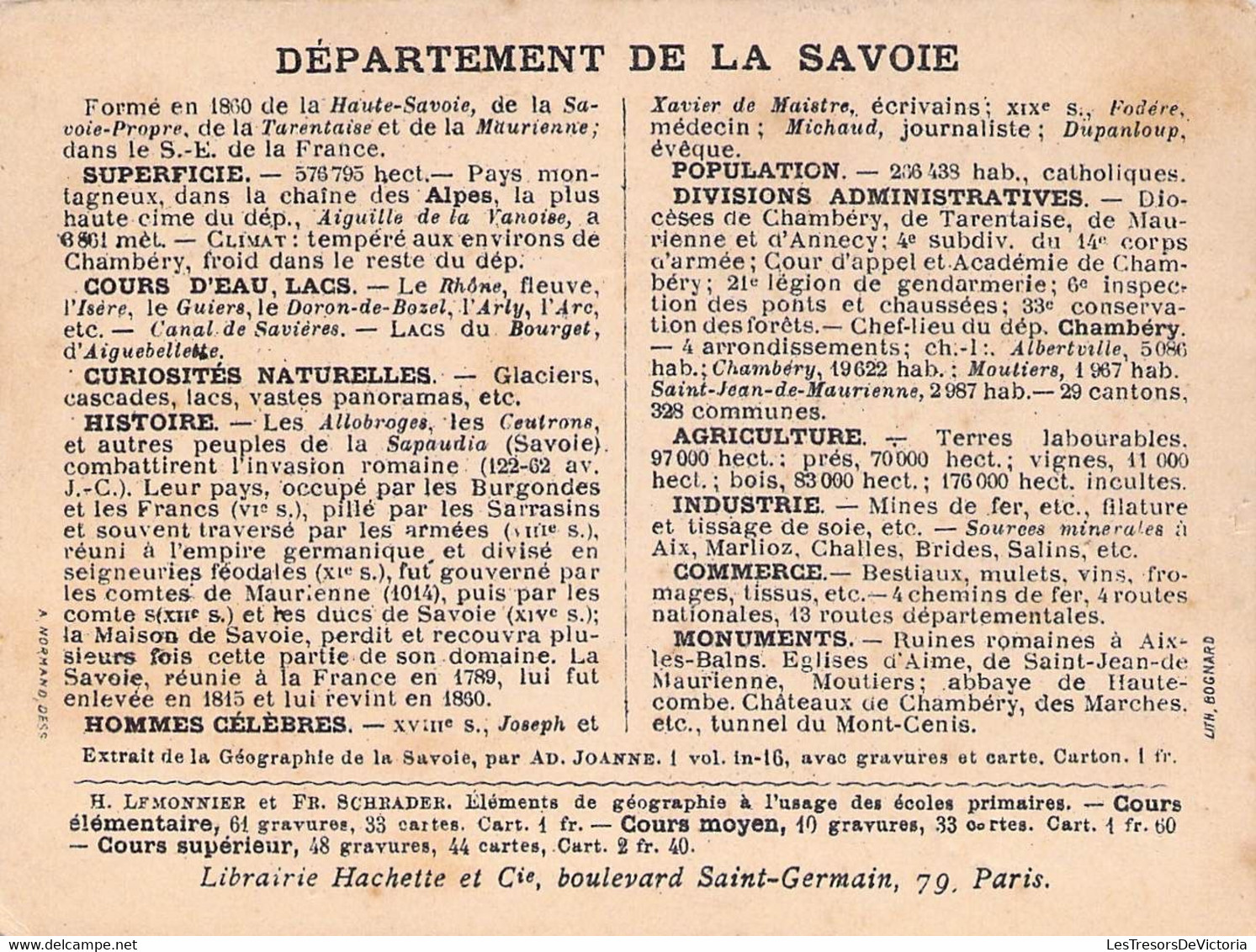 DEPARTEMENT DE LA SAVOIE - LIBRAIRIE HACHETTE - LITHOGRAPHIE BOGNARD - 11X8,5 Cm - Other & Unclassified