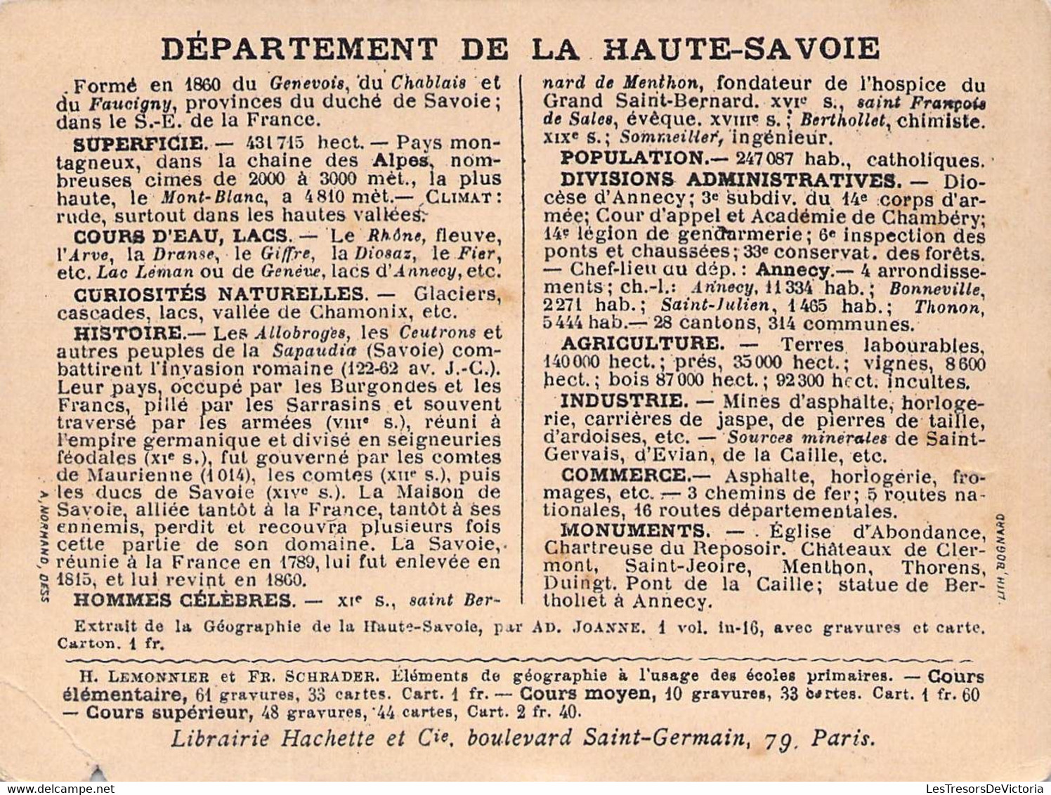 DEPARTEMENT DE LA HAUTE SAVOIE - LIBRAIRIE HACHETTE - LITHOGRAPHIE BOGNARD - 11X8,5 Cm - Other & Unclassified