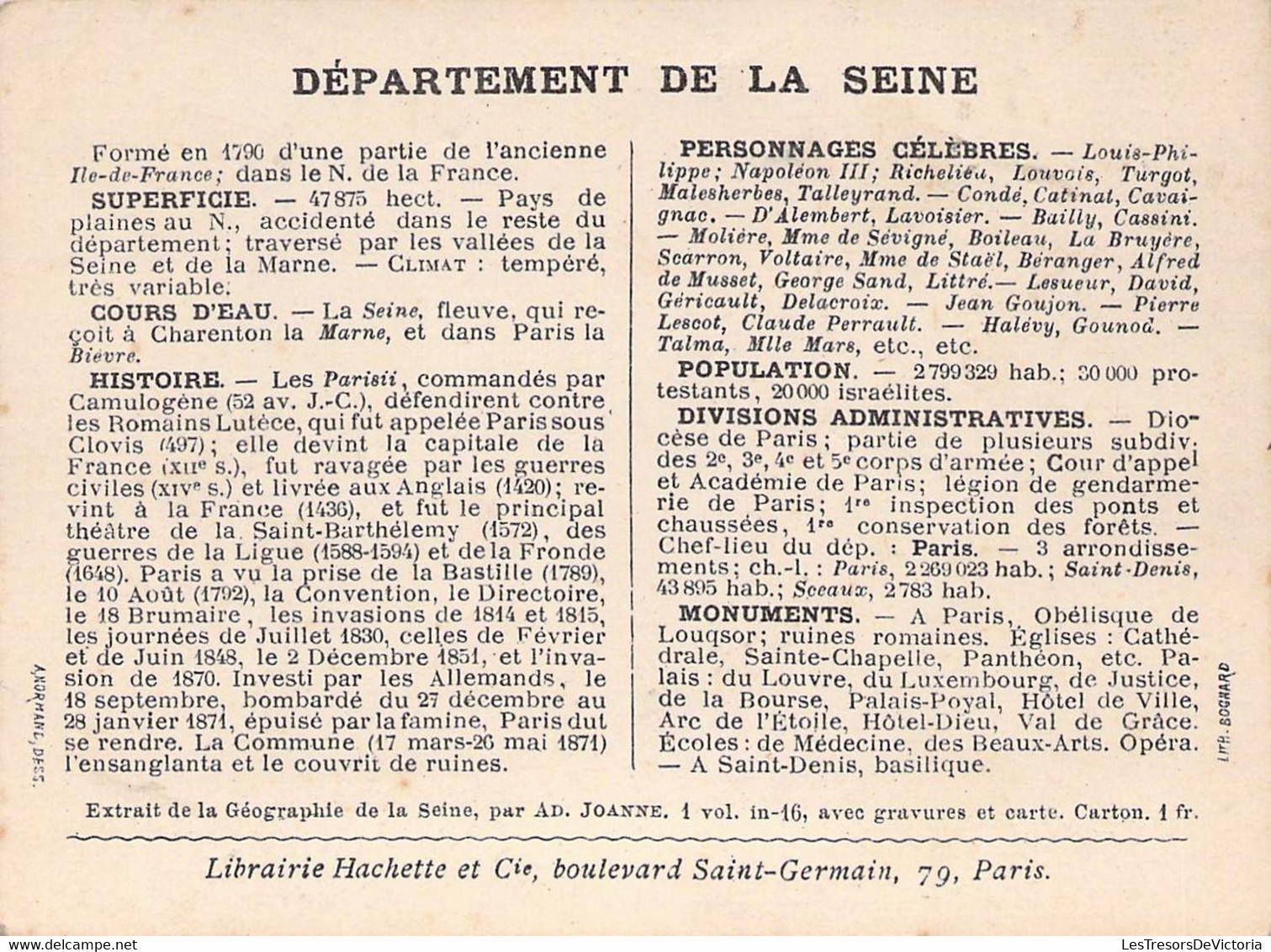 DEPARTEMENT DE LA SEINE - LIBRAIRIE HACHETTE - LITHOGRAPHIE BOGNARD - 11X8,5 Cm - Other & Unclassified