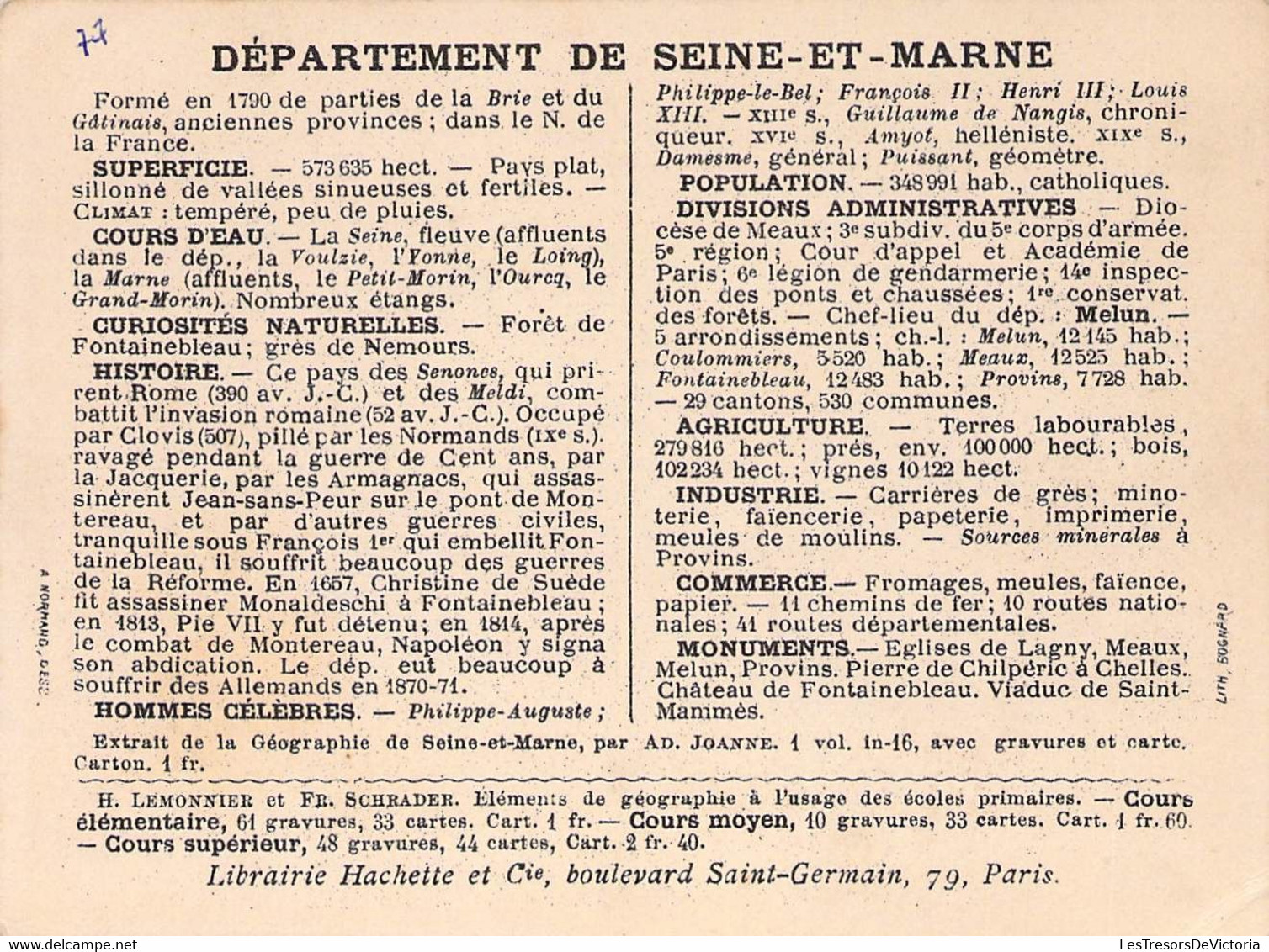 DEPARTEMENT DE LA SEINE ET MARNE - LIBRAIRIE HACHETTE - LITHOGRAPHIE BOGNARD - 11X8,5 Cm - Other & Unclassified