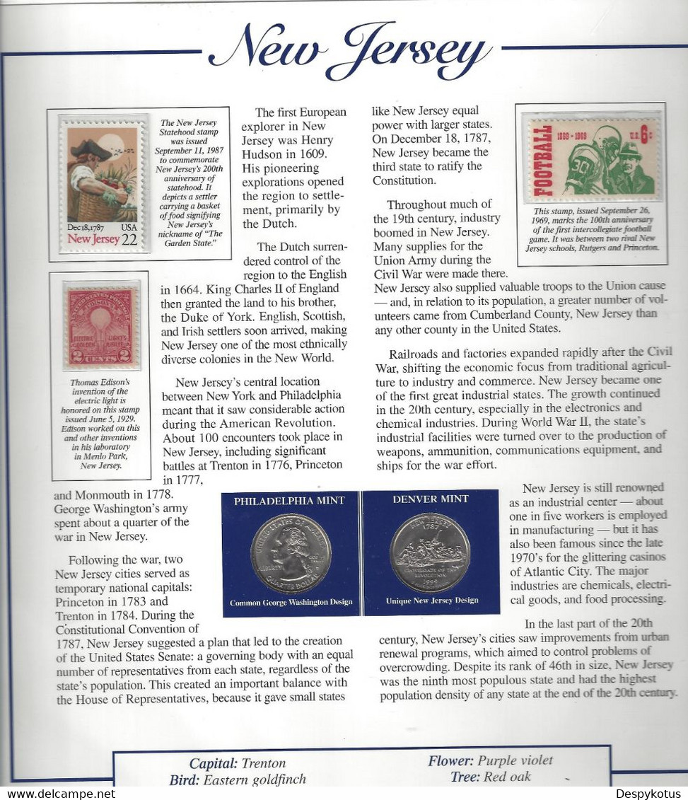 Etats-Unis - Feuillet "Etat" - 2 Quarters FDC 1999 (Philadelphie Et Denver) Et 3 Timbres Neufs - New Jersey - Ohne Zuordnung