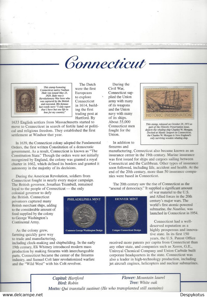 Etats-Unis - Feuillet "Etat" - 2 Quarters FDC 1999 (Philadelphie Et Denver) Et 3 Timbres Neufs - Connecticut - Unclassified