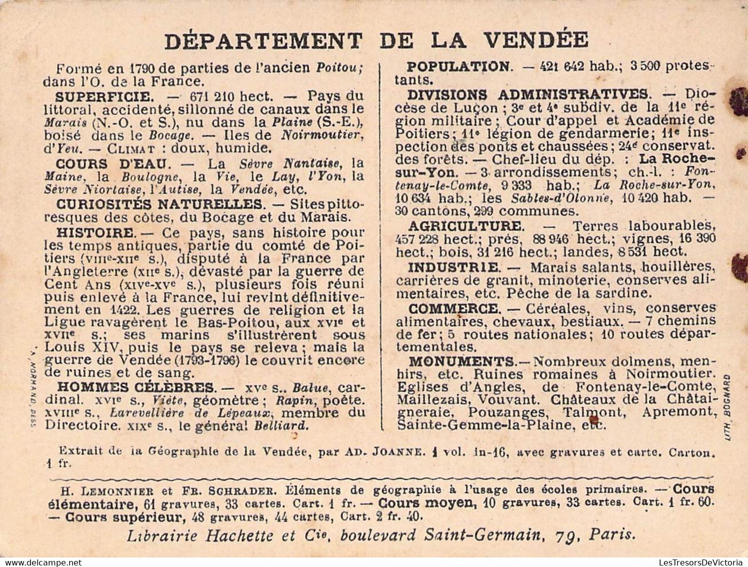 DEPARTEMENT DE LA VENDEE - LIBRAIRIE HACHETTE - LITHOGRAPHIE BOGNARD - 11X8,5 Cm - Other & Unclassified