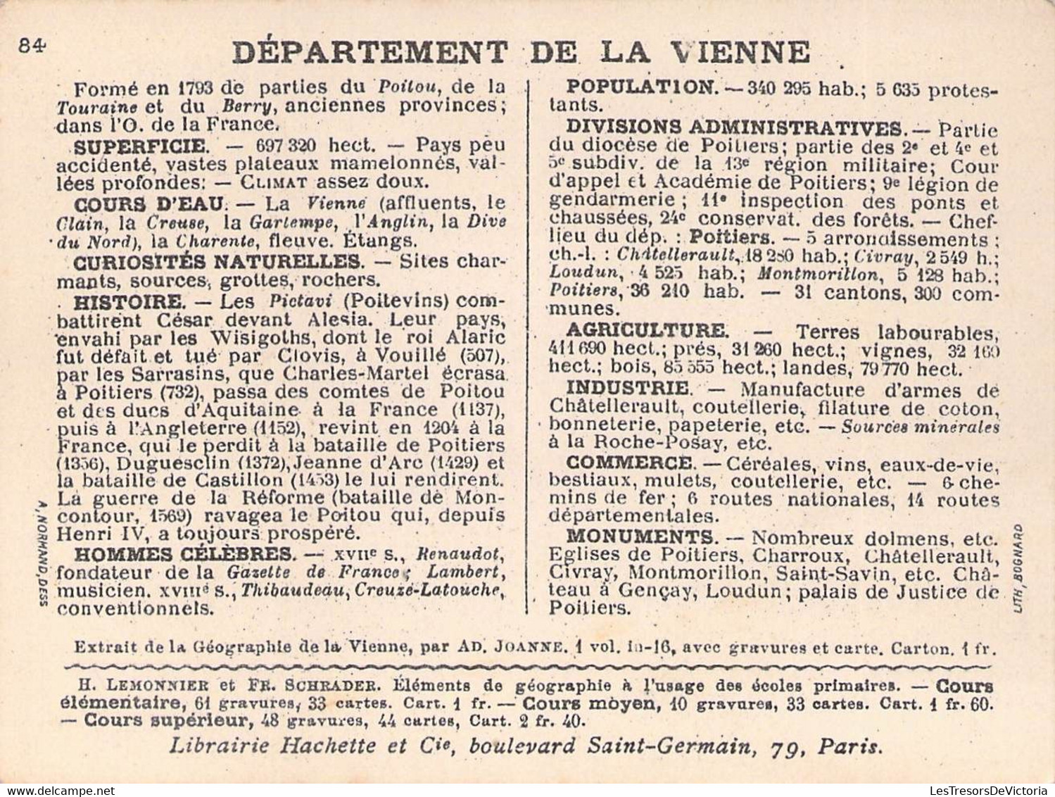 DEPARTEMENT DE LA VIENNE - LIBRAIRIE HACHETTE - LITHOGRAPHIE BOGNARD - 11X8,5 Cm - Other & Unclassified