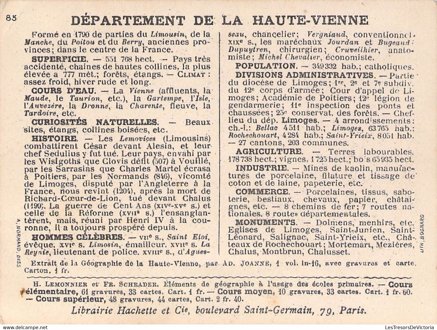 DEPARTEMENT DE LA HAUTE VIENNE - LIBRAIRIE HACHETTE - LITHOGRAPHIE BOGNARD - 11X8,5 Cm - Other & Unclassified