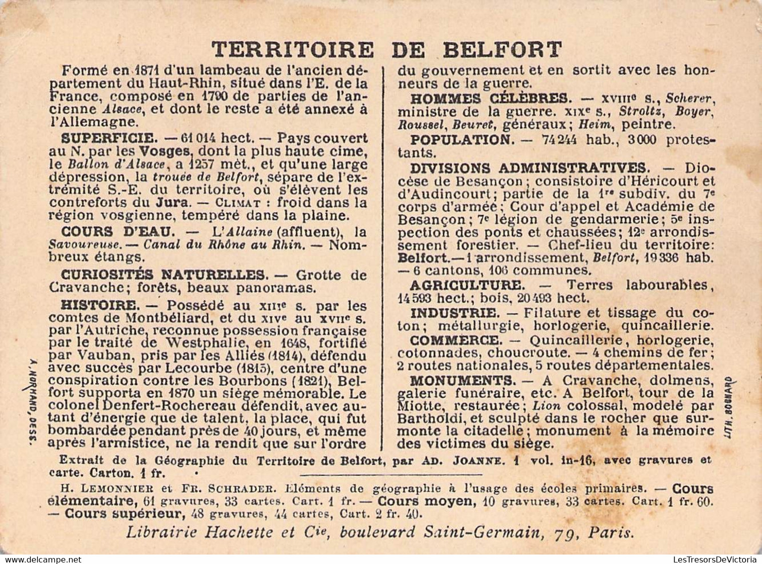 DEPARTEMENT DU TERRITOIRE DE BELFORT - LIBRAIRIE HACHETTE - LITHOGRAPHIE BOGNARD - 11X8,5 Cm - Other & Unclassified