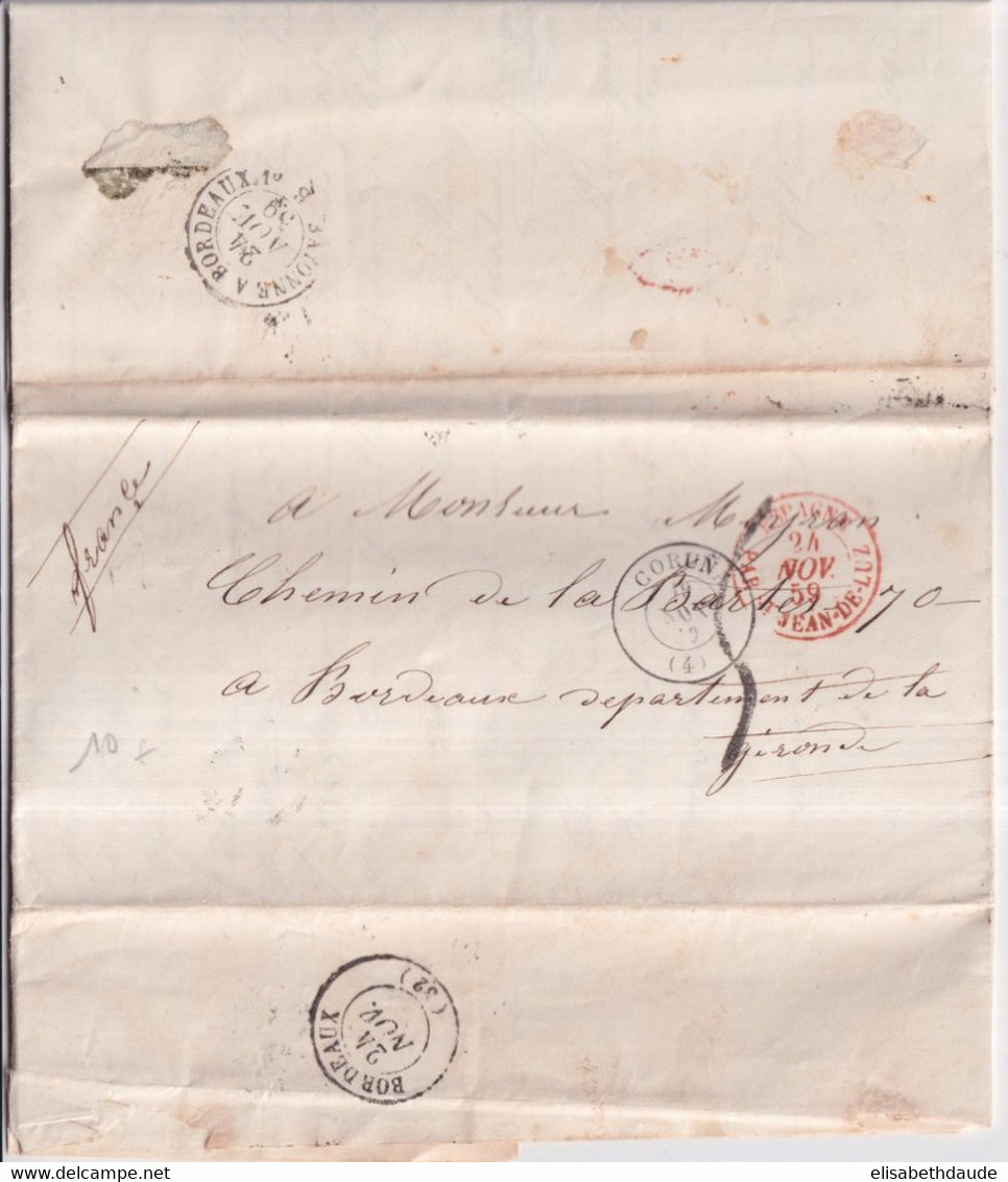 1859 - ESPAGNE - LETTRE De LA COROGNE => BORDEAUX - SUPERBE ENTREE Par ST JEAN DE LUZ - Lettres & Documents