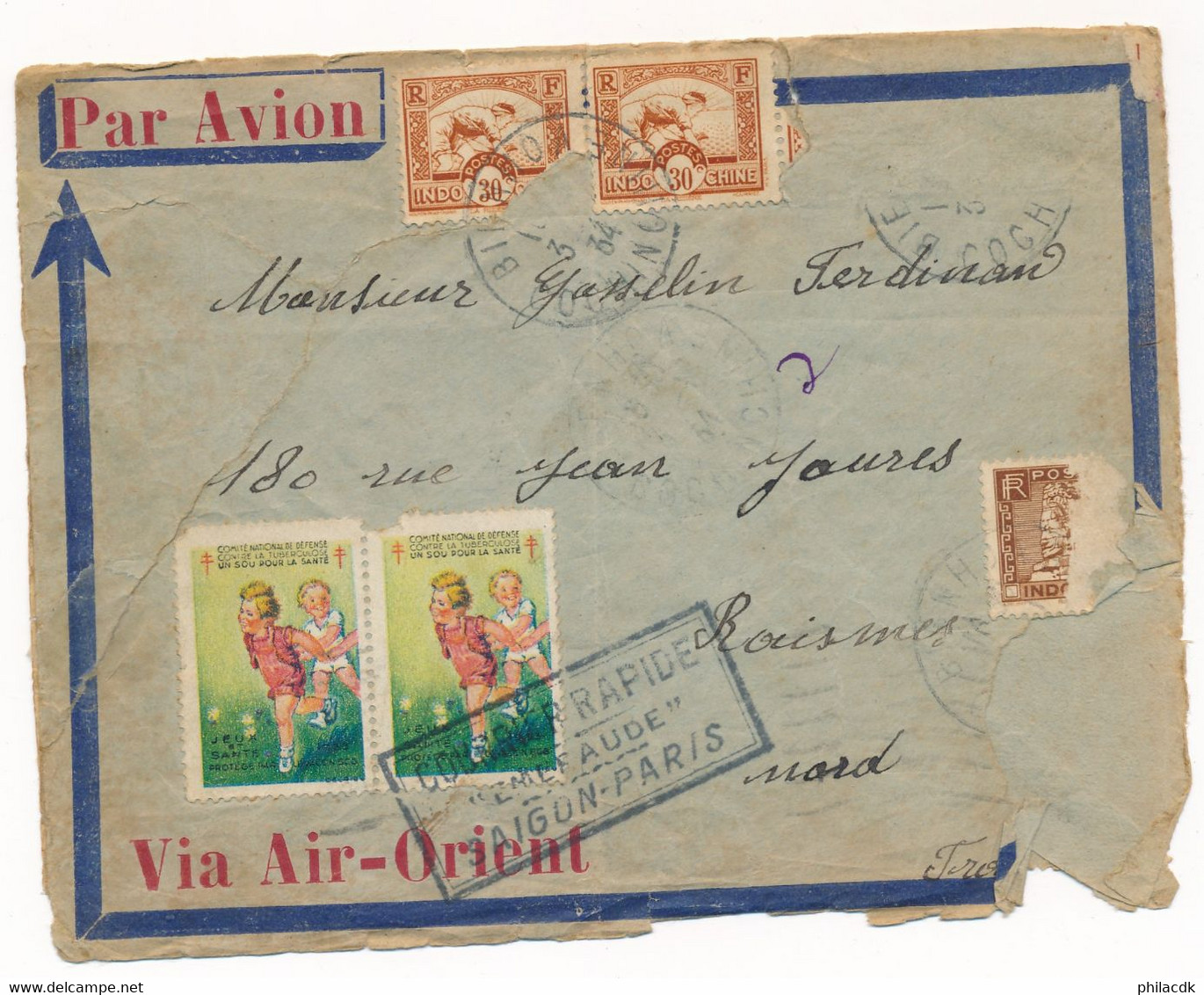 INDOCHINE - 3 TIMBRES SUR ENVELOPPE AVEC 23 VIGNETTES COURRIER RAPIDE SAIGON PARIS POUR RAISMES NORD - Briefe U. Dokumente