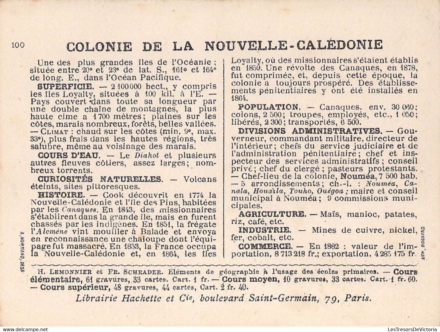 COLONIE DE LA NOUVELLE CALEDONIE - LIBRAIRIE HACHETTE - LITHOGRAPHIE BOGNARD - 11X8,5 Cm - Other & Unclassified