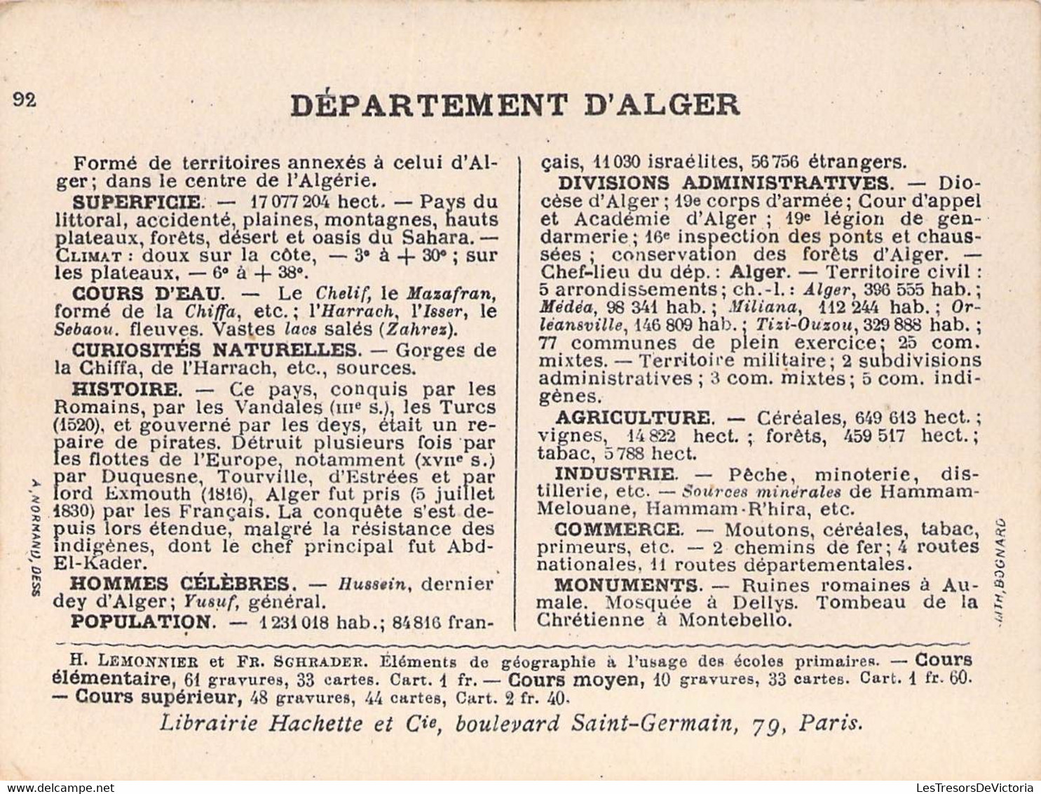 DEPARTEMENT D'ALGER - LIBRAIRIE HACHETTE - LITHOGRAPHIE BOGNARD - 11X8,5 Cm - Other & Unclassified