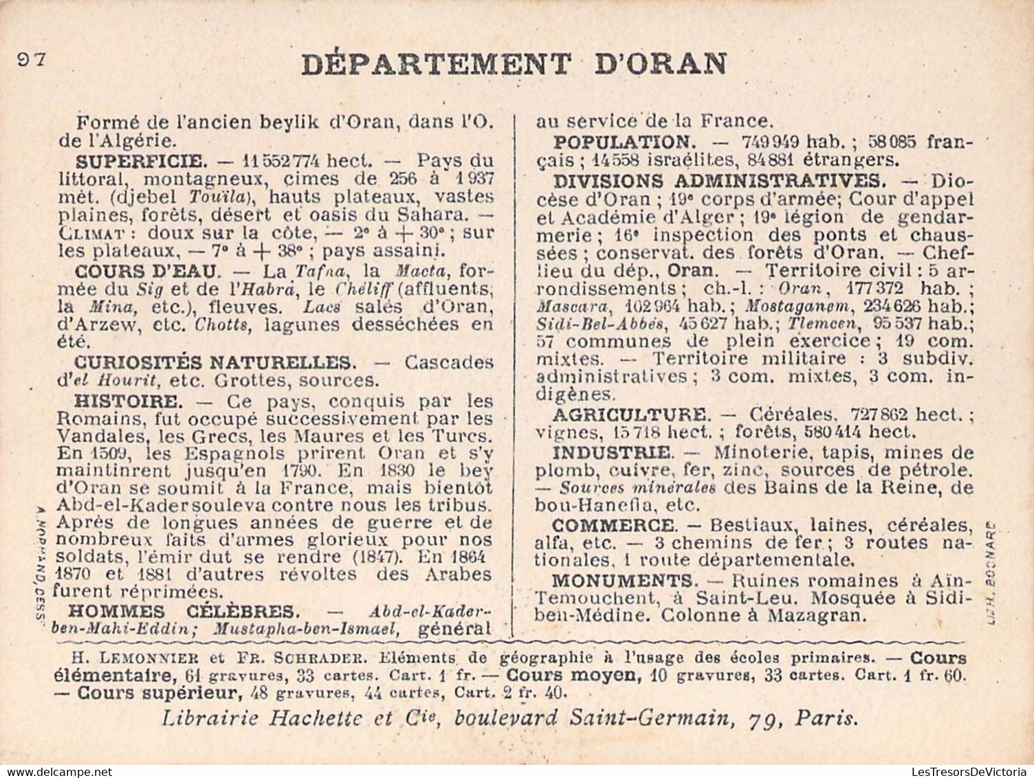 DEPARTEMENT D'ORAN - LIBRAIRIE HACHETTE - LITHOGRAPHIE BOGNARD - 11X8,5 Cm - Other & Unclassified