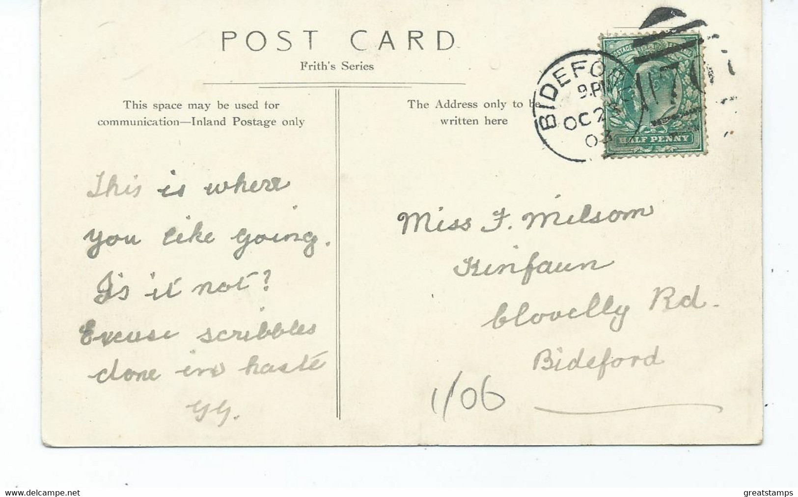 Devon  Postcard  Bideford Church Posted Bideford 1903 Frith's - Falmouth