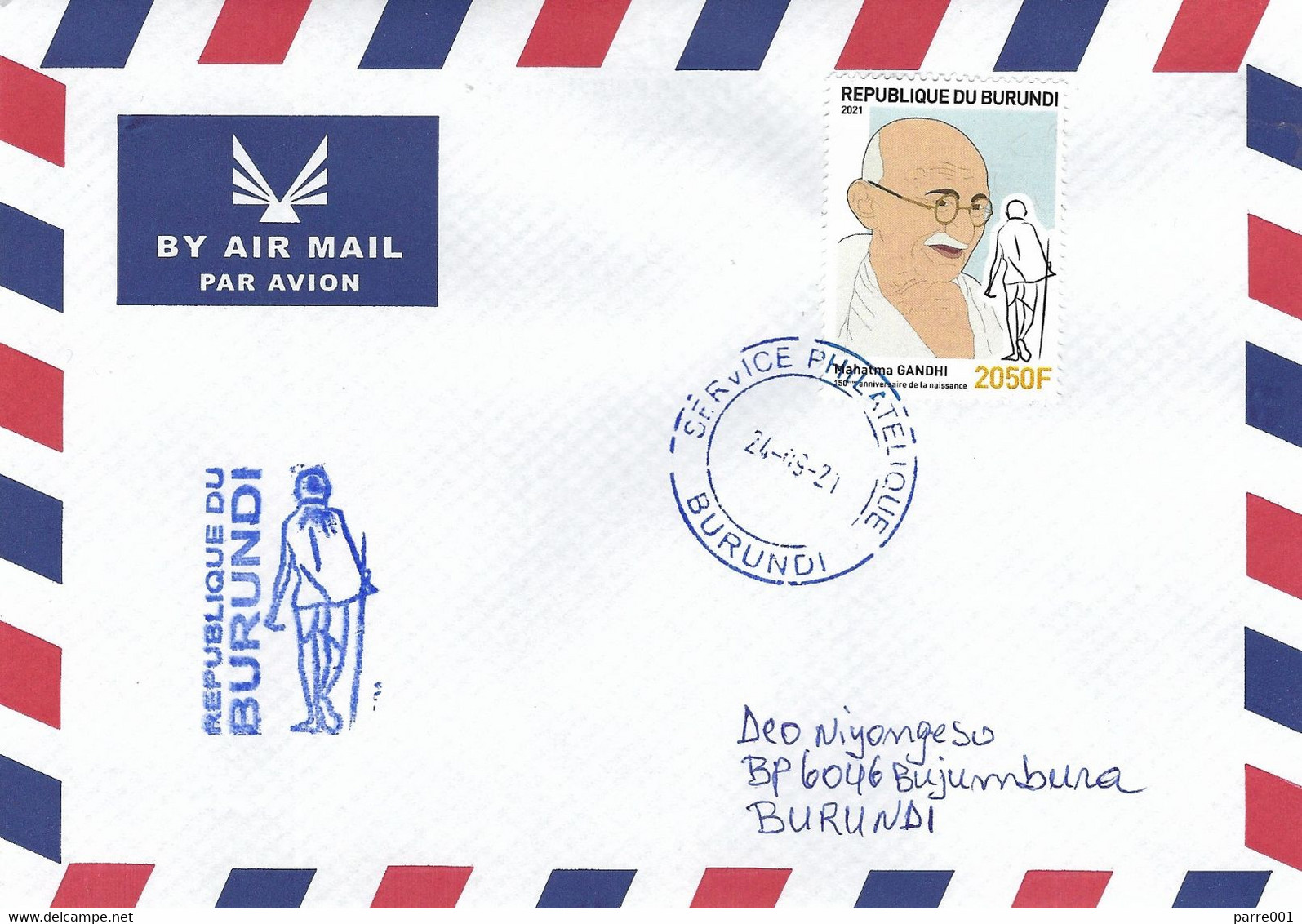 Burundi 2021 Bujumbura Mahatma Gandhi 2050f Walking Stick Special Handstamp Cover - Mahatma Gandhi